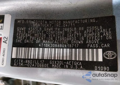 2011 Toyota Avalon z USA, uszkodzony, nr VIN 4T1BK3DB8BU418717